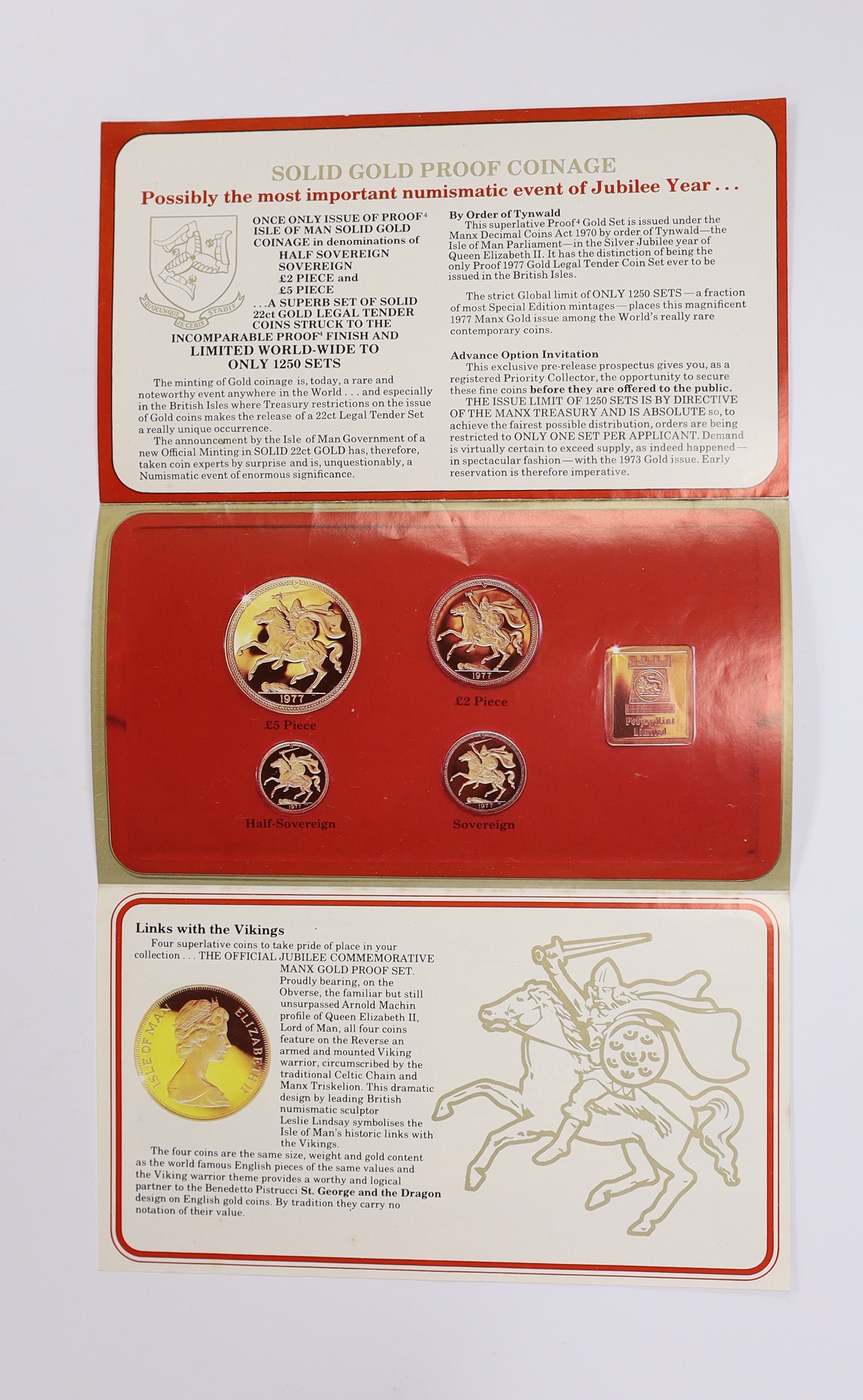 Gold coins - Isle of Man proof gold coin set, comprising half sovereign, sovereign, £2 and £5 coins, limited edition 1,250, in case of issue